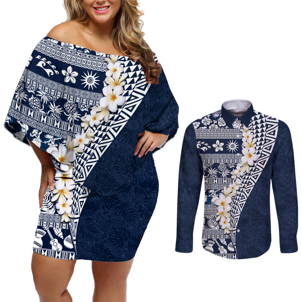 Hawaii Plumeria Tribal Vintage Couples Matching Off Shoulder Short Dress and Long Sleeve Button Shirt Special Blue