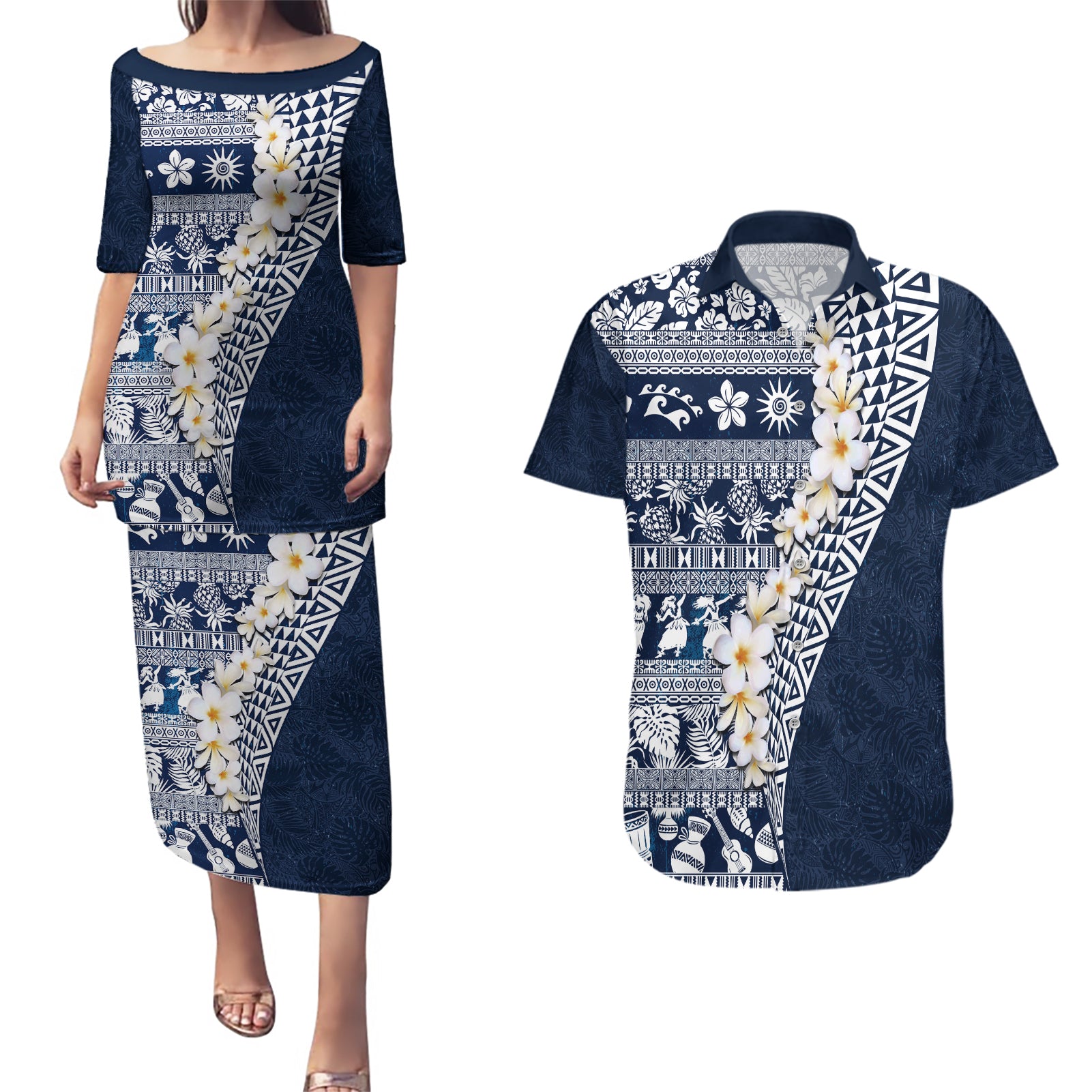 Hawaii Plumeria Tribal Vintage Couples Matching Puletasi and Hawaiian Shirt Special Blue
