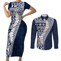 Hawaii Plumeria Tribal Vintage Couples Matching Short Sleeve Bodycon Dress and Long Sleeve Button Shirt Special Blue