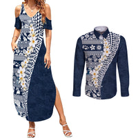 Hawaii Plumeria Tribal Vintage Couples Matching Summer Maxi Dress and Long Sleeve Button Shirt Special Blue