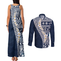 Hawaii Plumeria Tribal Vintage Couples Matching Tank Maxi Dress and Long Sleeve Button Shirt Special Blue