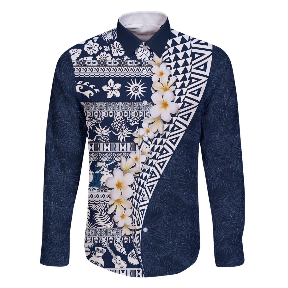 Hawaii Plumeria Tribal Vintage Family Matching Off The Shoulder Long Sleeve Dress and Hawaiian Shirt Special Blue LT03 Dad's Shirt - Long Sleeve Blue - Polynesian Pride