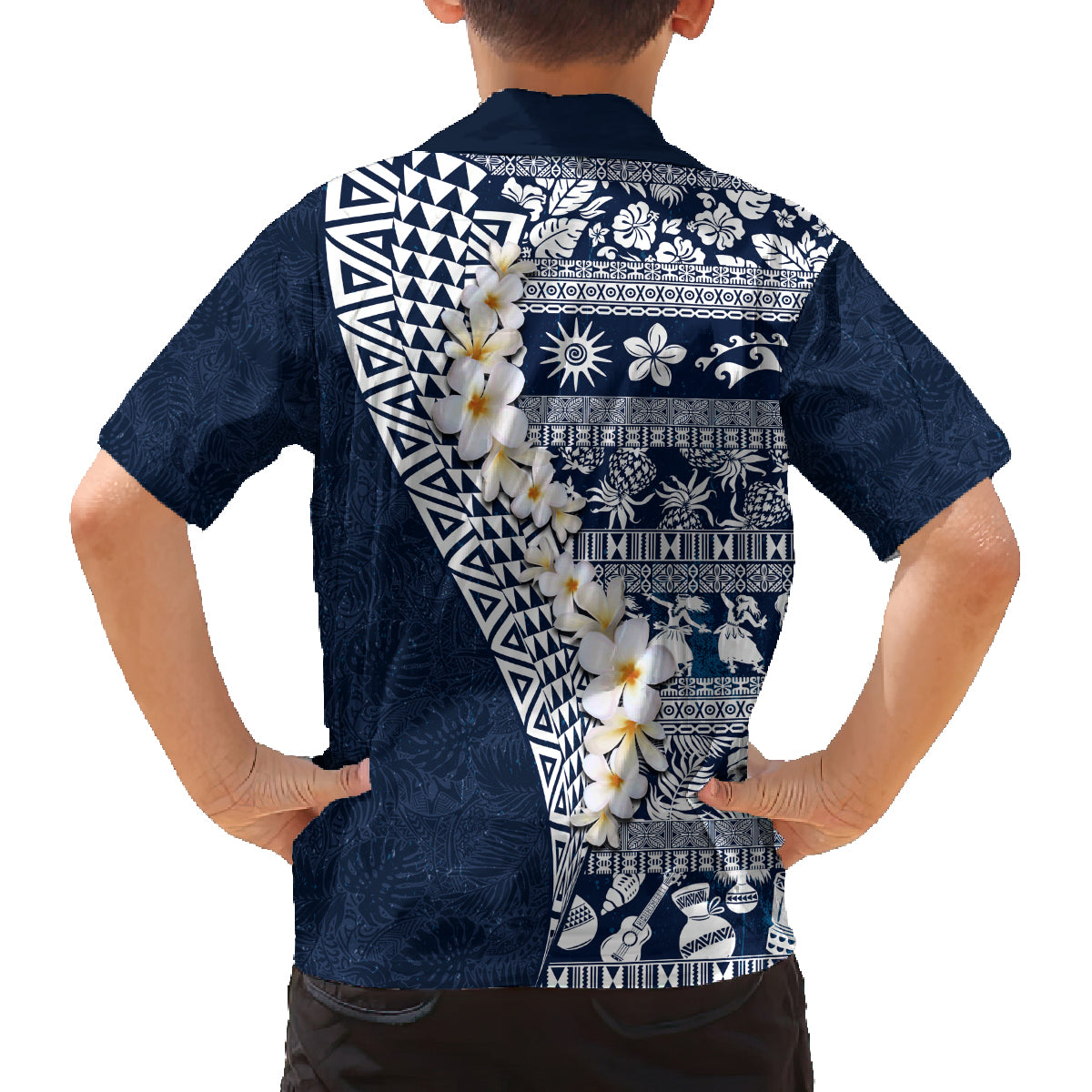 Hawaii Plumeria Tribal Vintage Family Matching Off Shoulder Short Dress and Hawaiian Shirt Special Blue LT03 - Polynesian Pride