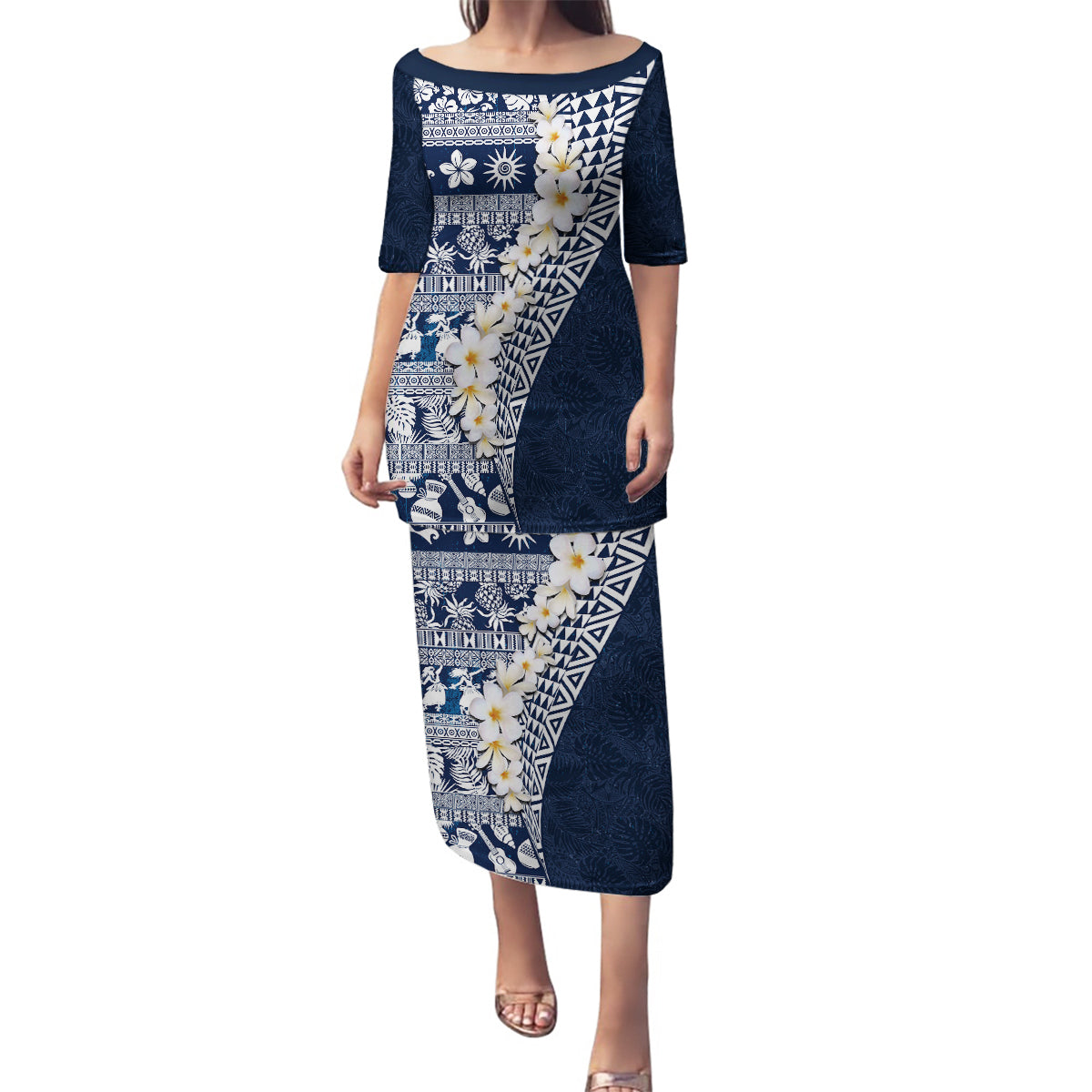 Hawaii Plumeria Tribal Vintage Family Matching Puletasi and Hawaiian Shirt Special Blue