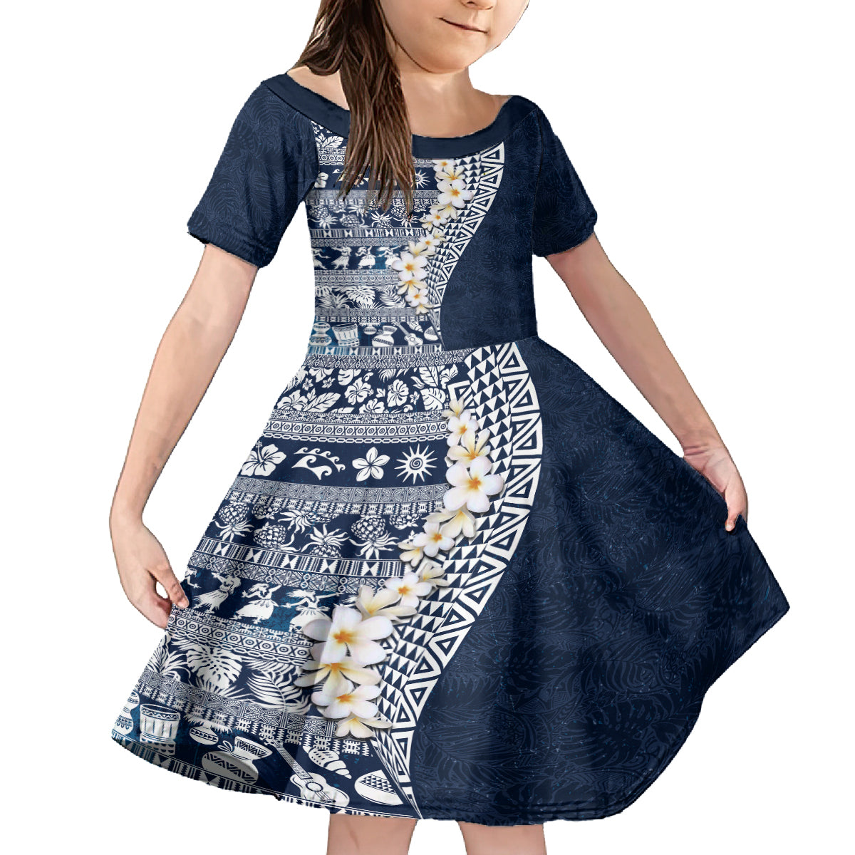 Hawaii Plumeria Tribal Vintage Family Matching Summer Maxi Dress and Hawaiian Shirt Special Blue LT03 Daughter's Dress Blue - Polynesian Pride