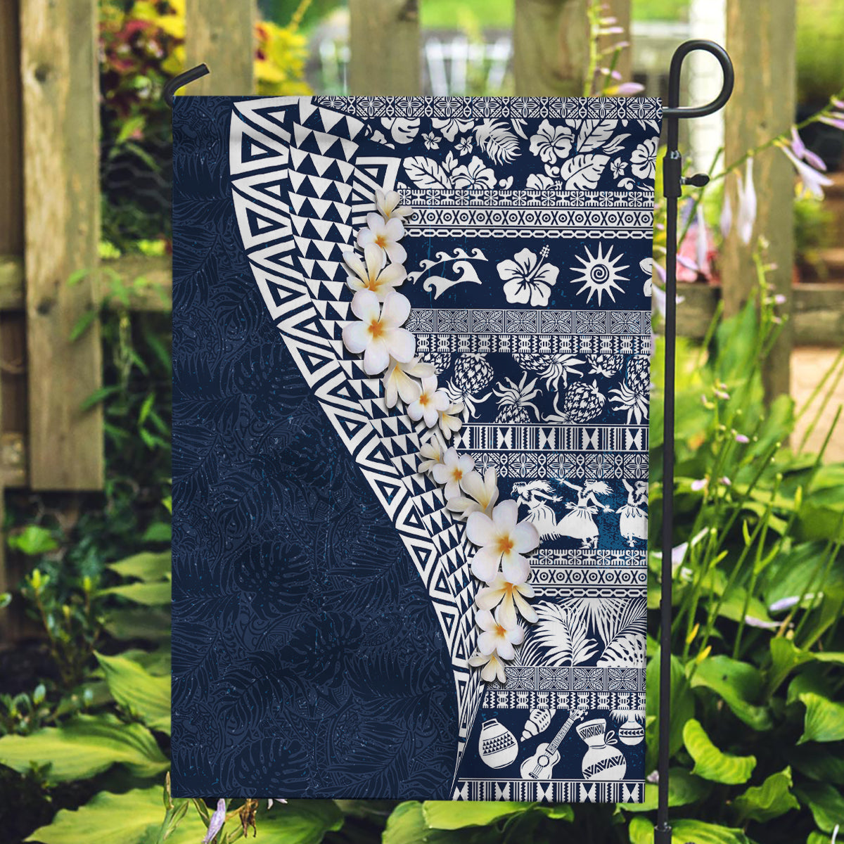 Hawaii Plumeria Tribal Vintage Garden Flag Special Blue