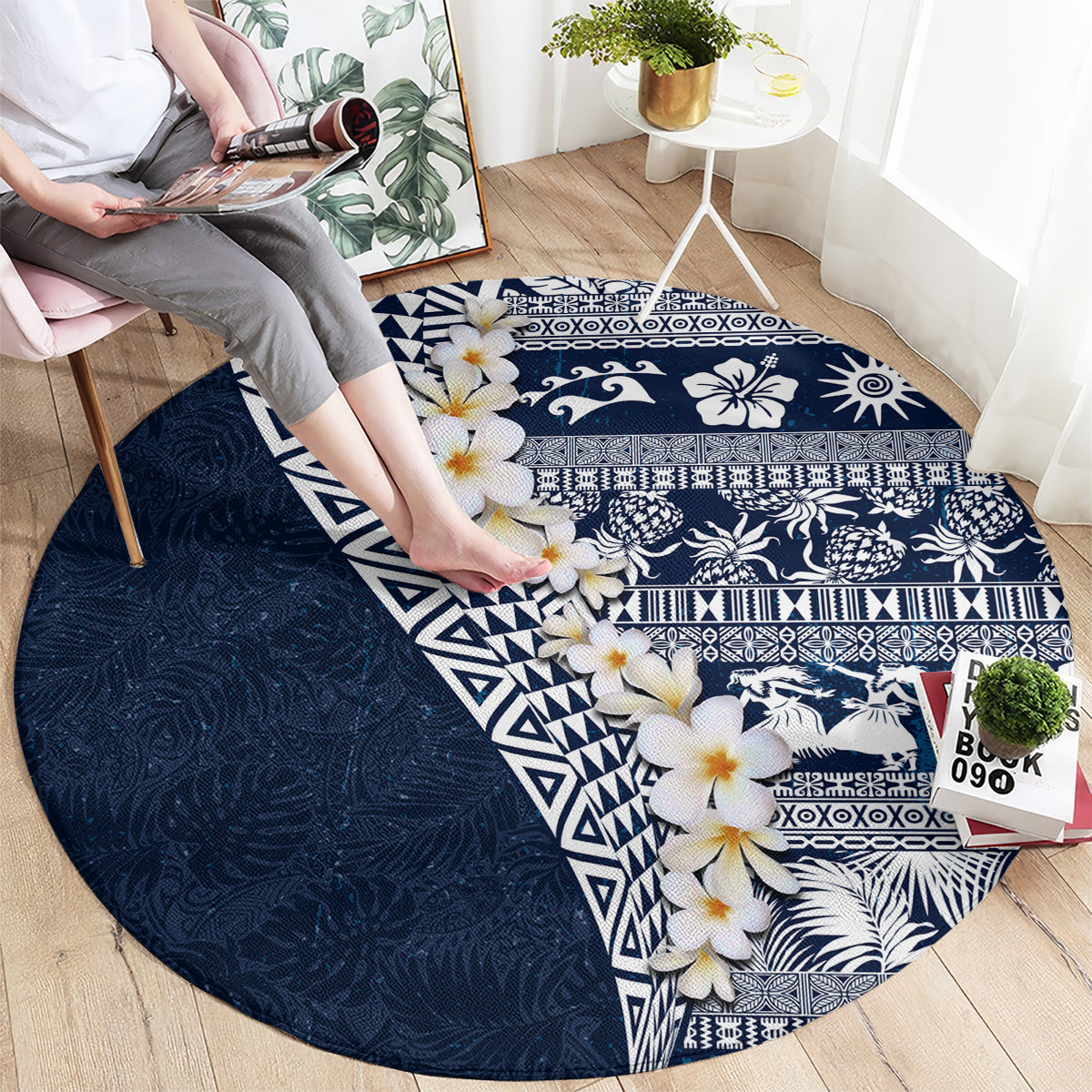 Hawaii Plumeria Tribal Vintage Round Carpet Special Blue LT03 - Polynesian Pride