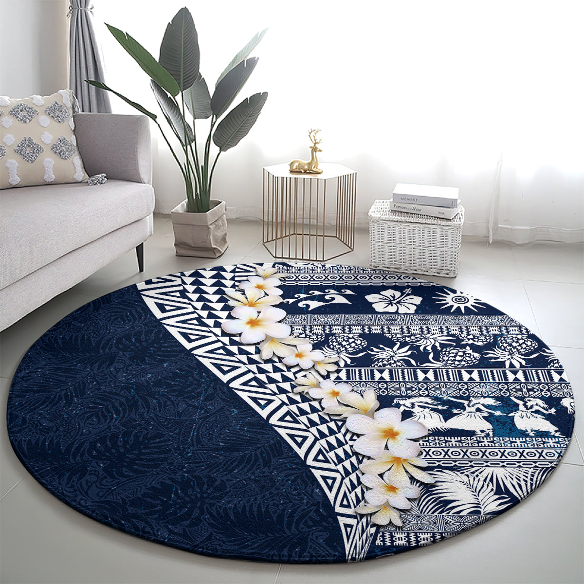 Hawaii Plumeria Tribal Vintage Round Carpet Special Blue LT03 - Polynesian Pride