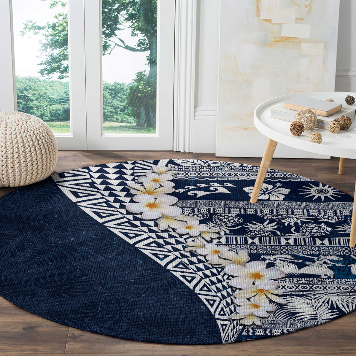Hawaii Plumeria Tribal Vintage Round Carpet Special Blue LT03 - Polynesian Pride