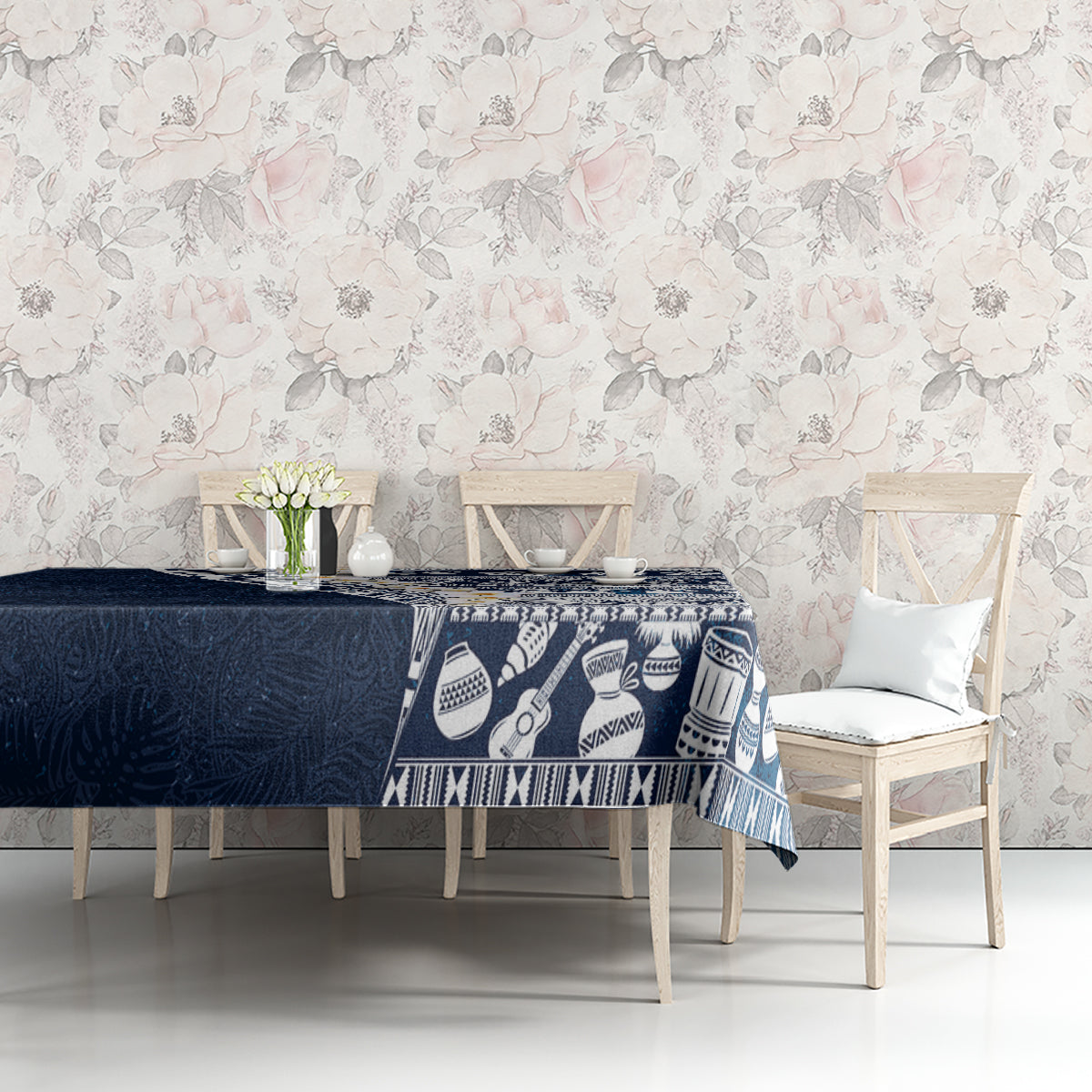 Hawaii Plumeria Tribal Vintage Tablecloth Special Blue