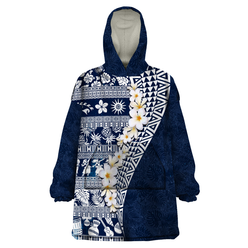 Hawaii Plumeria Tribal Vintage Wearable Blanket Hoodie Special Blue LT03 One Size Blue - Polynesian Pride