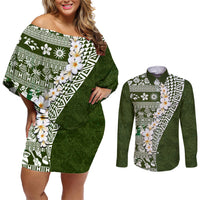 Hawaii Plumeria Tribal Vintage Couples Matching Off Shoulder Short Dress and Long Sleeve Button Shirt Special Green
