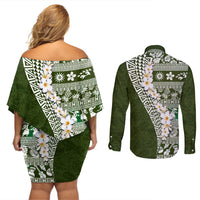 Hawaii Plumeria Tribal Vintage Couples Matching Off Shoulder Short Dress and Long Sleeve Button Shirt Special Green