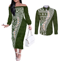 Hawaii Plumeria Tribal Vintage Couples Matching Off The Shoulder Long Sleeve Dress and Long Sleeve Button Shirt Special Green