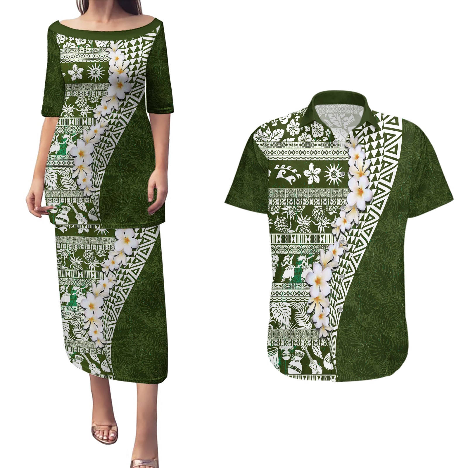 Hawaii Plumeria Tribal Vintage Couples Matching Puletasi and Hawaiian Shirt Special Green