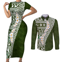 Hawaii Plumeria Tribal Vintage Couples Matching Short Sleeve Bodycon Dress and Long Sleeve Button Shirt Special Green