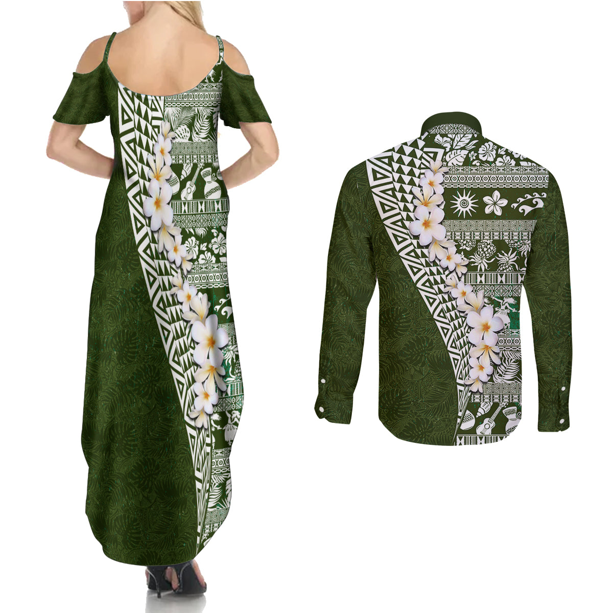 Hawaii Plumeria Tribal Vintage Couples Matching Summer Maxi Dress and Long Sleeve Button Shirt Special Green