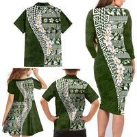 Hawaii Plumeria Tribal Vintage Family Matching Long Sleeve Bodycon Dress and Hawaiian Shirt Special Green