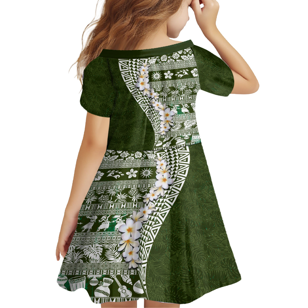 Hawaii Plumeria Tribal Vintage Family Matching Off The Shoulder Long Sleeve Dress and Hawaiian Shirt Special Green LT03 - Polynesian Pride