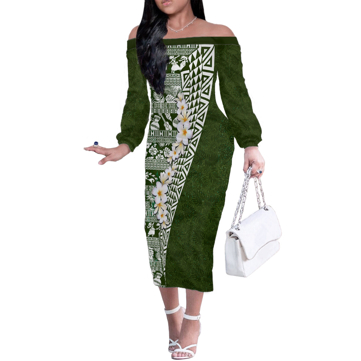 Hawaii Plumeria Tribal Vintage Family Matching Off The Shoulder Long Sleeve Dress and Hawaiian Shirt Special Green LT03 Mom's Dress Green - Polynesian Pride