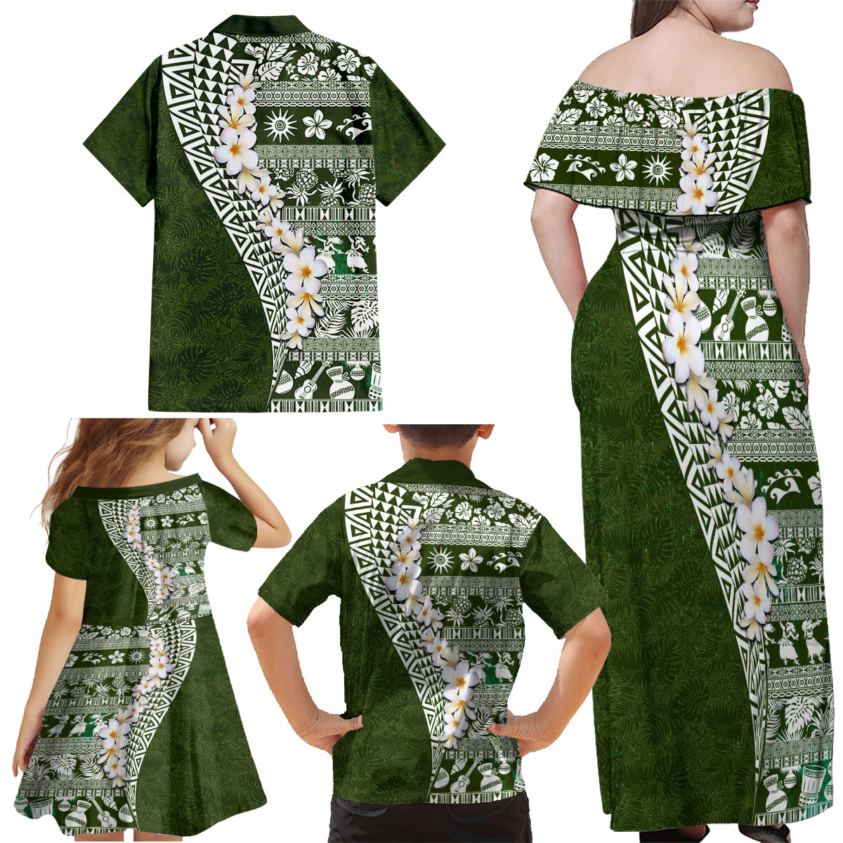 Hawaii Plumeria Tribal Vintage Family Matching Off Shoulder Maxi Dress and Hawaiian Shirt Special Green