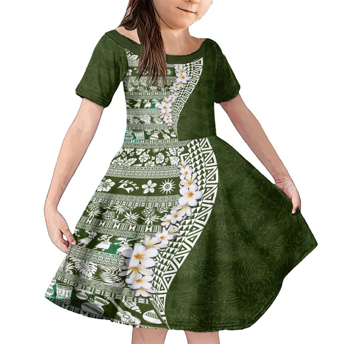 Hawaii Plumeria Tribal Vintage Family Matching Off Shoulder Short Dress and Hawaiian Shirt Special Green LT03 Daughter's Dress Green - Polynesian Pride