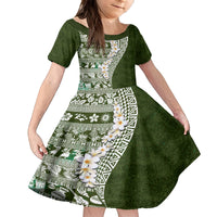 Hawaii Plumeria Tribal Vintage Family Matching Off Shoulder Short Dress and Hawaiian Shirt Special Green LT03 Daughter's Dress Green - Polynesian Pride
