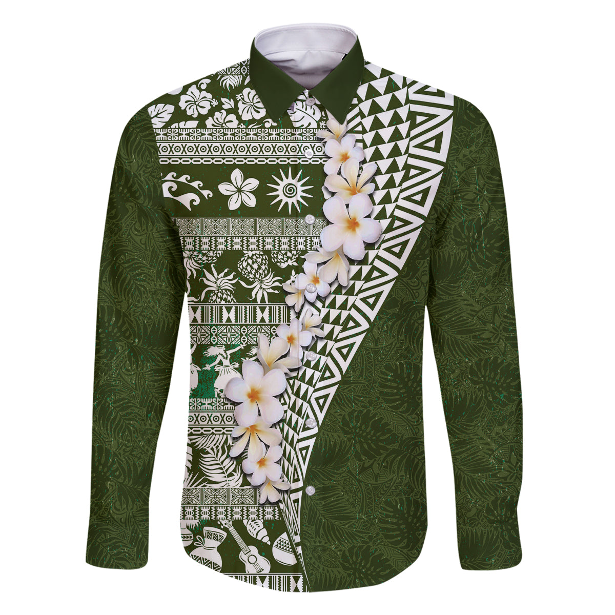 Hawaii Plumeria Tribal Vintage Family Matching Off Shoulder Short Dress and Hawaiian Shirt Special Green LT03 Dad's Shirt - Long Sleeve Green - Polynesian Pride