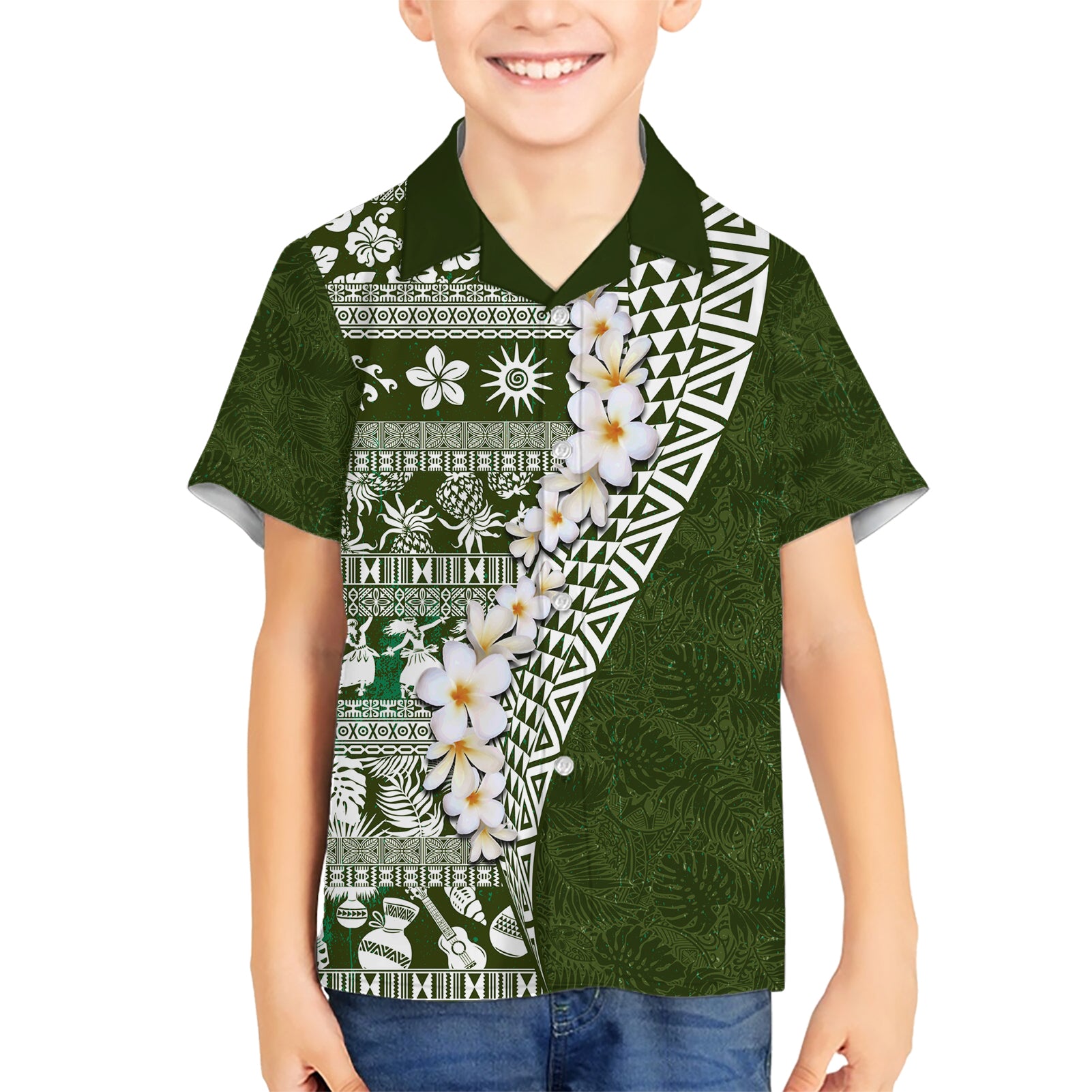 Hawaii Plumeria Tribal Vintage Kid Hawaiian Shirt Special Green