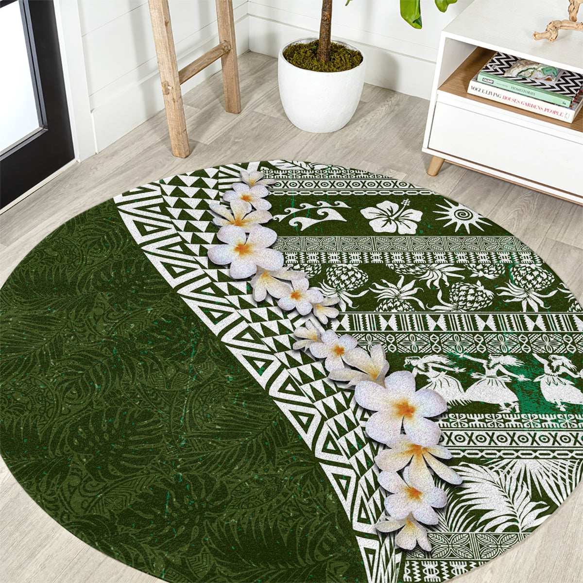 Hawaii Plumeria Tribal Vintage Round Carpet Special Green LT03 Green - Polynesian Pride