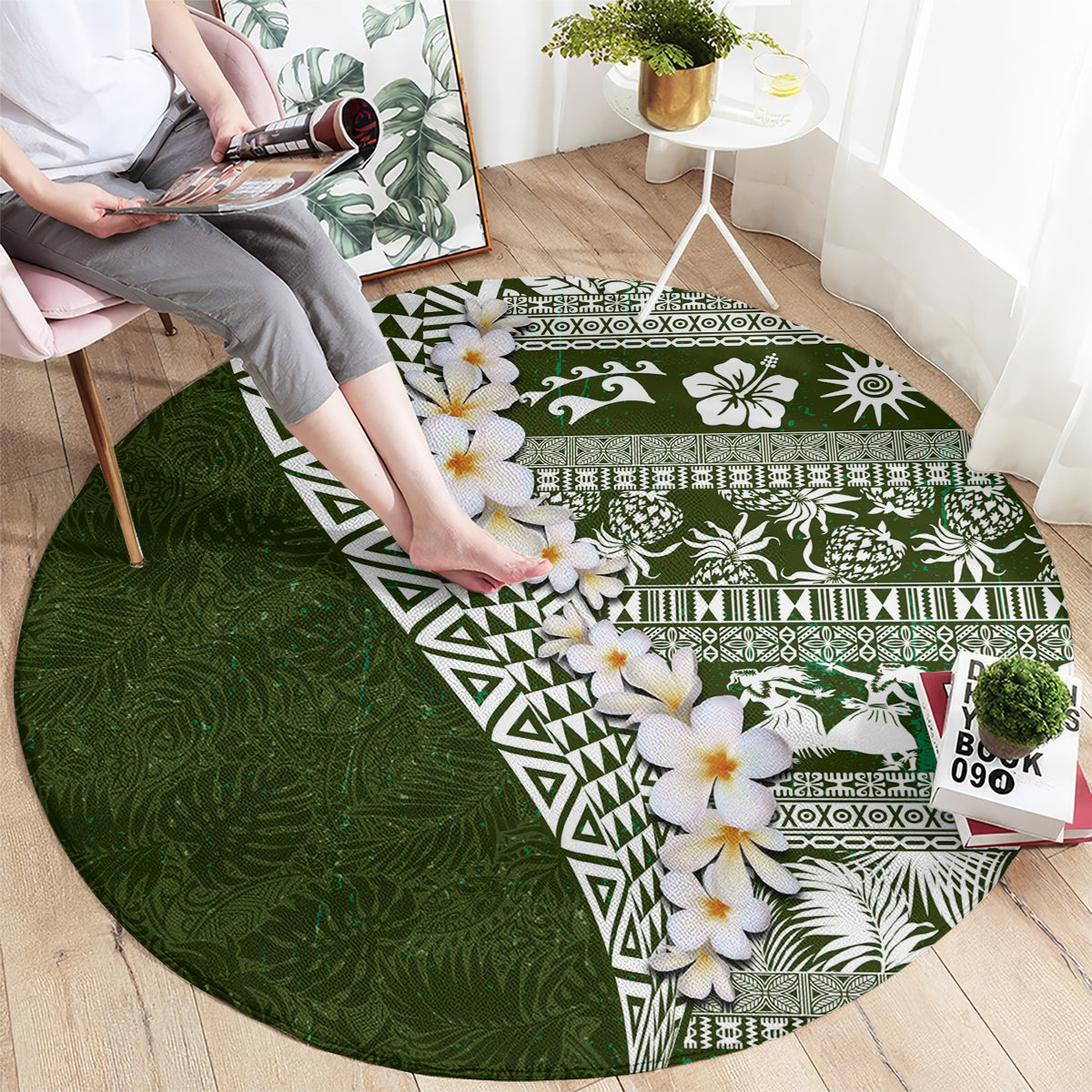 Hawaii Plumeria Tribal Vintage Round Carpet Special Green LT03 - Polynesian Pride