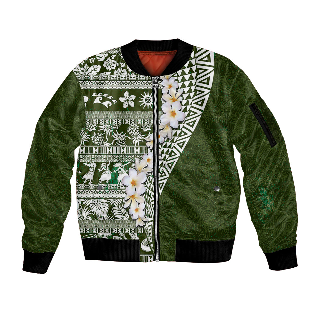 Hawaii Plumeria Tribal Vintage Sleeve Zip Bomber Jacket Special Green LT03 Unisex Green - Polynesian Pride