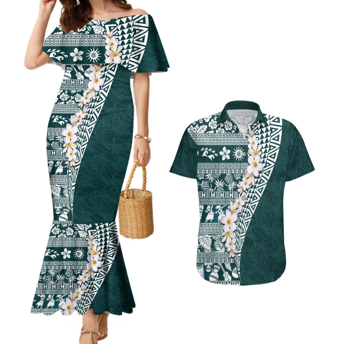 Hawaii Plumeria Tribal Vintage Couples Matching Mermaid Dress and Hawaiian Shirt Special Turquoise LT03 Turquoise - Polynesian Pride