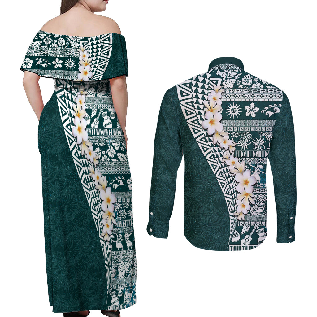 Hawaii Plumeria Tribal Vintage Couples Matching Off Shoulder Maxi Dress and Long Sleeve Button Shirt Special Turquoise