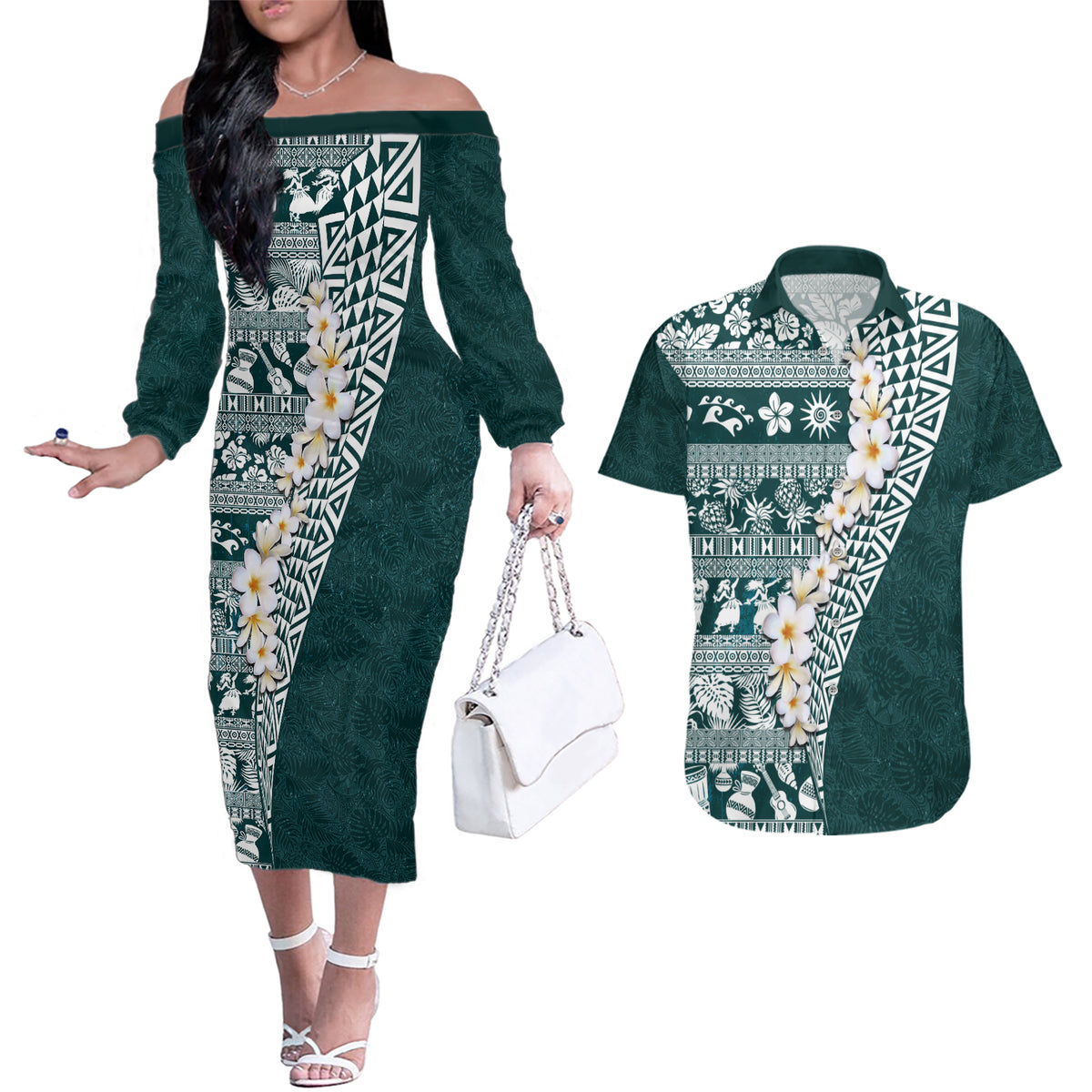 Hawaii Plumeria Tribal Vintage Couples Matching Off The Shoulder Long Sleeve Dress and Hawaiian Shirt Special Turquoise