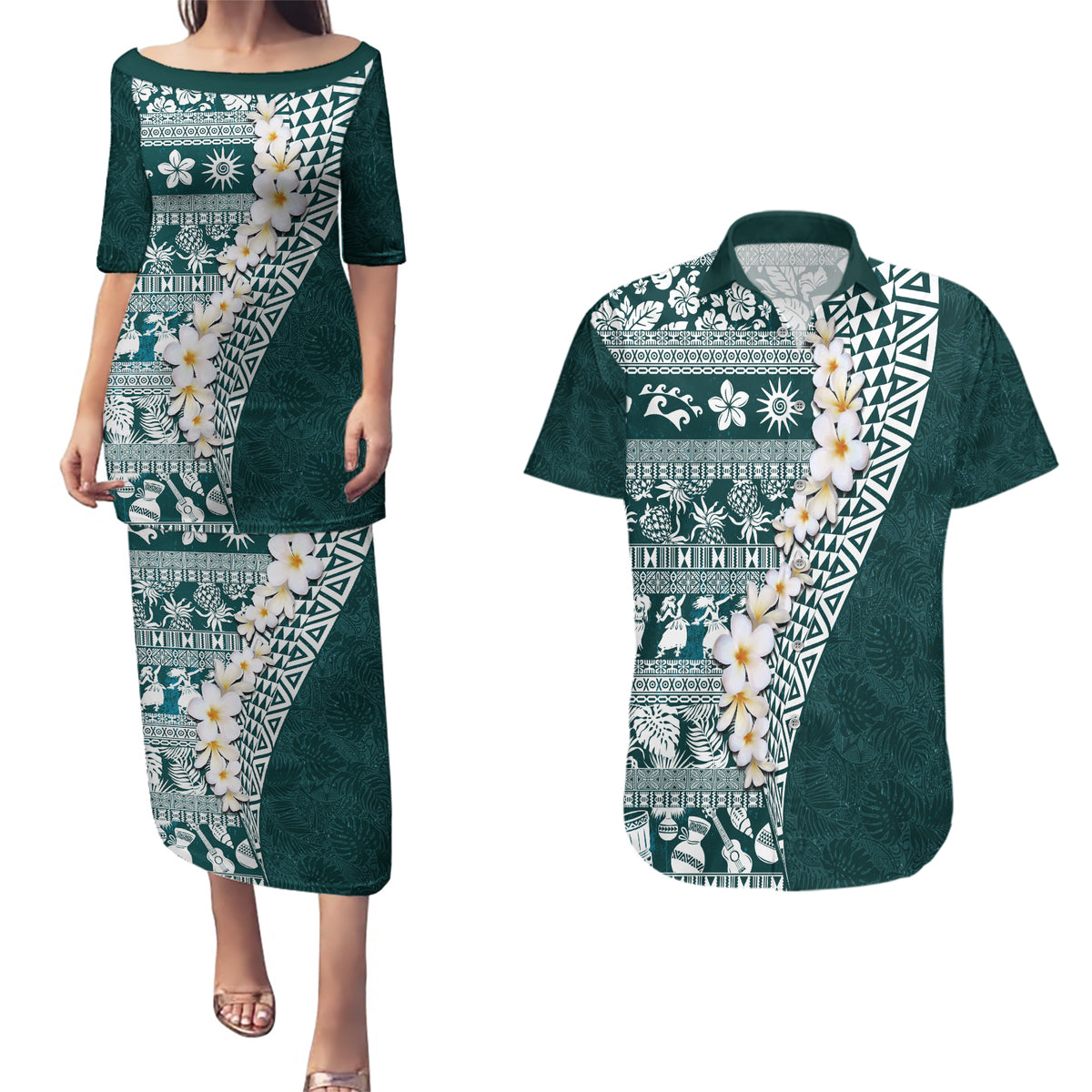 Hawaii Plumeria Tribal Vintage Couples Matching Puletasi and Hawaiian Shirt Special Turquoise