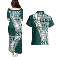 Hawaii Plumeria Tribal Vintage Couples Matching Puletasi and Hawaiian Shirt Special Turquoise
