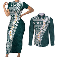 Hawaii Plumeria Tribal Vintage Couples Matching Short Sleeve Bodycon Dress and Long Sleeve Button Shirt Special Turquoise