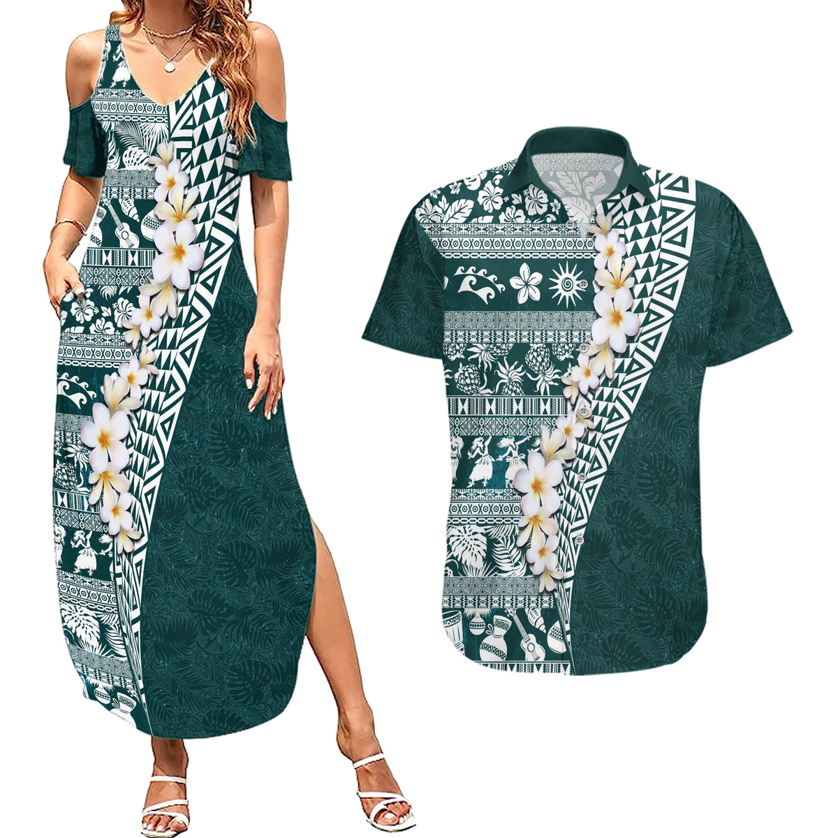 Hawaii Plumeria Tribal Vintage Couples Matching Summer Maxi Dress and Hawaiian Shirt Special Turquoise