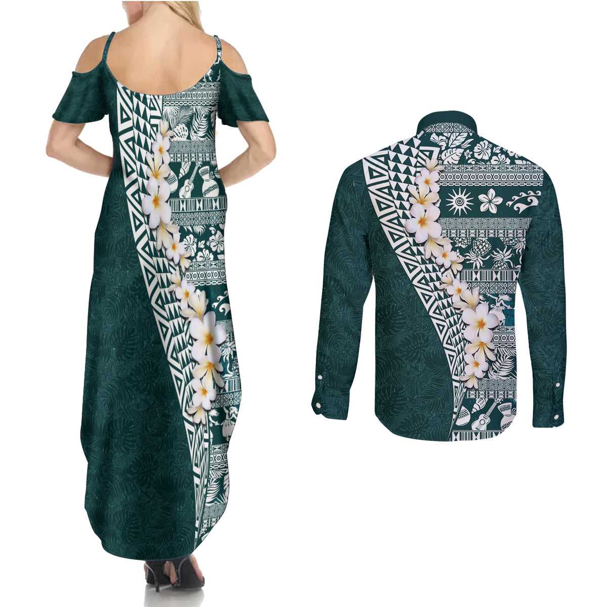 Hawaii Plumeria Tribal Vintage Couples Matching Summer Maxi Dress and Long Sleeve Button Shirt Special Turquoise