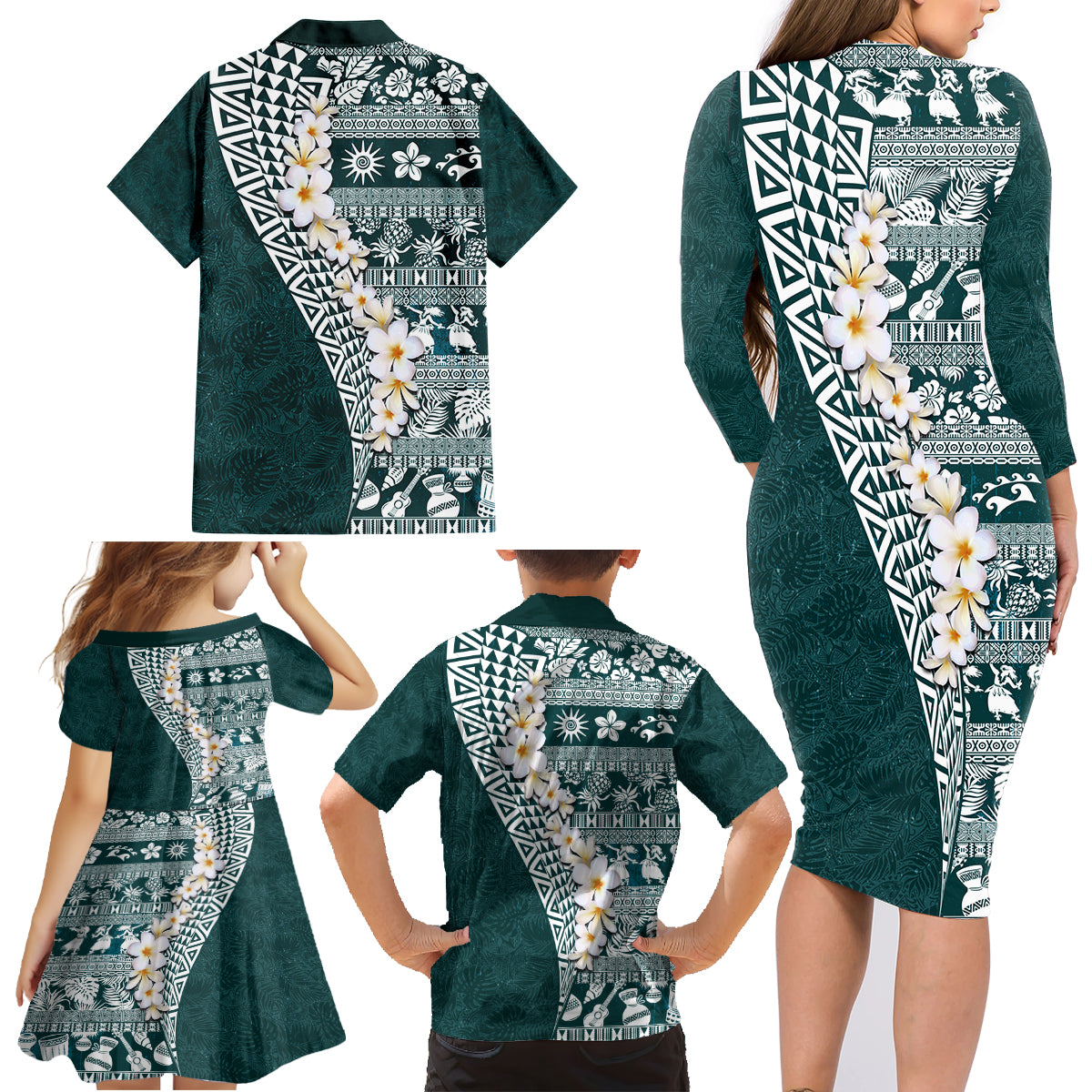 Hawaii Plumeria Tribal Vintage Family Matching Long Sleeve Bodycon Dress and Hawaiian Shirt Special Turquoise