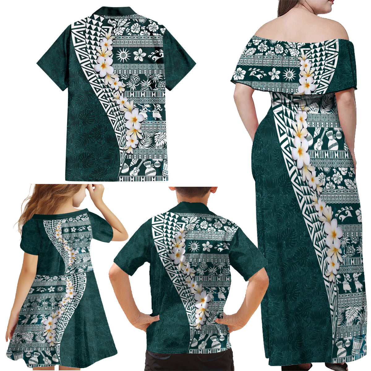Hawaii Plumeria Tribal Vintage Family Matching Off Shoulder Maxi Dress and Hawaiian Shirt Special Turquoise