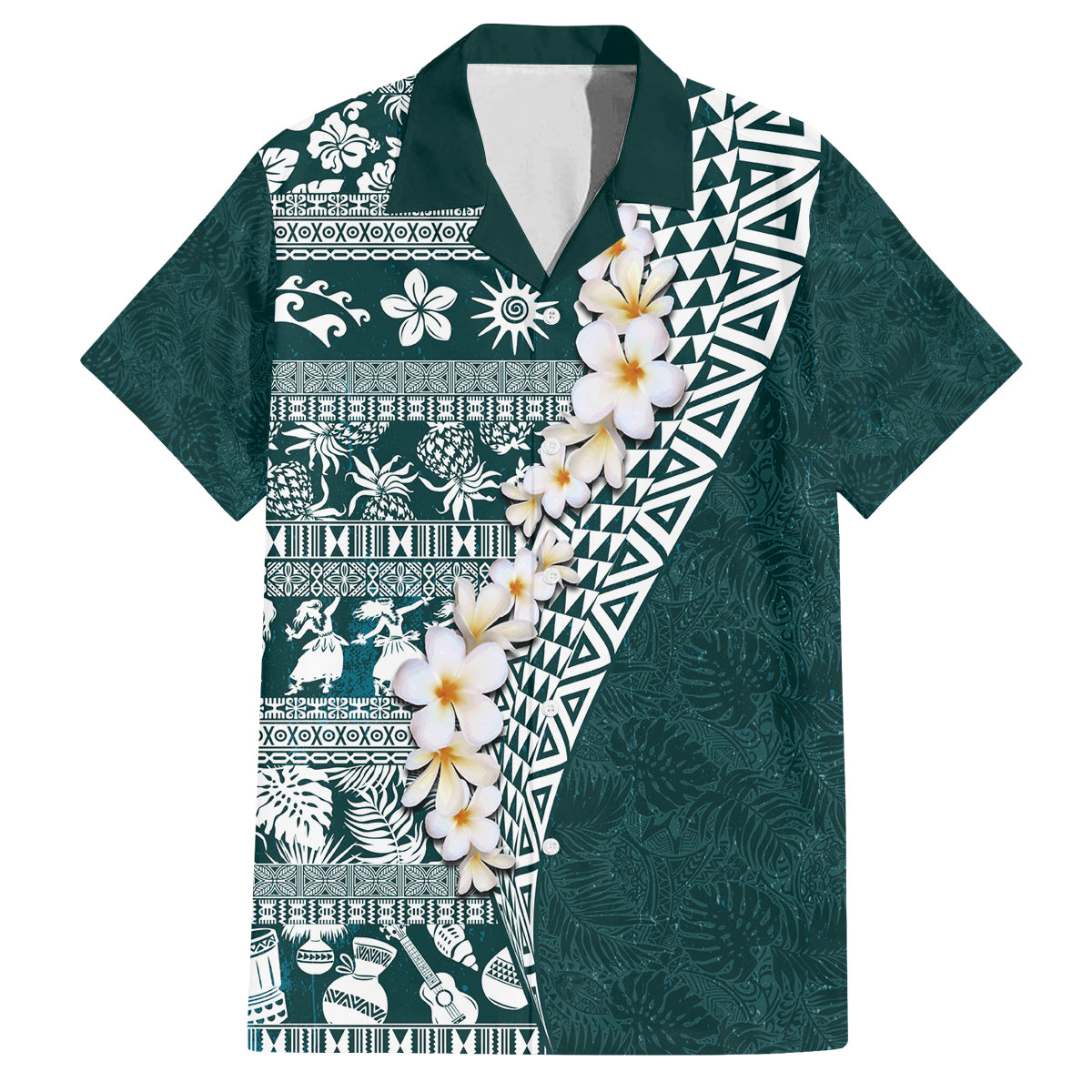 Hawaii Plumeria Tribal Vintage Family Matching Tank Maxi Dress and Hawaiian Shirt Special Turquoise LT03 Dad's Shirt - Short Sleeve Turquoise - Polynesian Pride