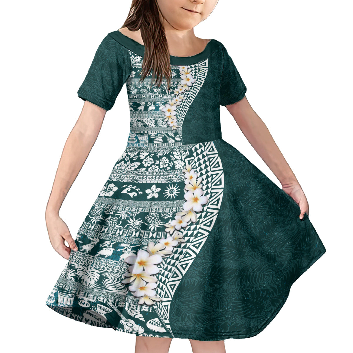 Hawaii Plumeria Tribal Vintage Kid Short Sleeve Dress Special Turquoise