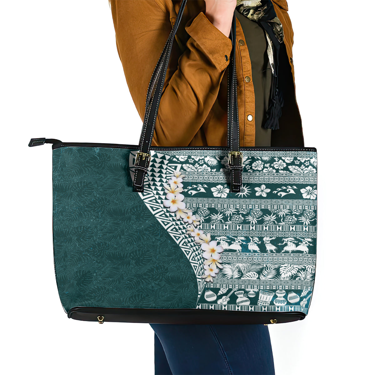 Hawaii Plumeria Tribal Vintage Leather Tote Bag Special Turquoise LT03 - Polynesian Pride