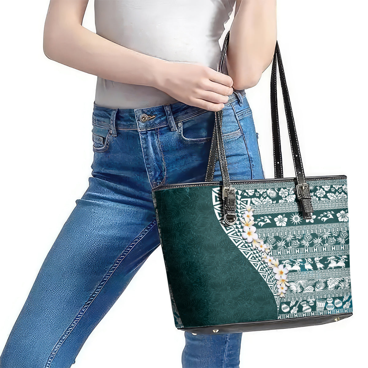 Hawaii Plumeria Tribal Vintage Leather Tote Bag Special Turquoise LT03 - Polynesian Pride