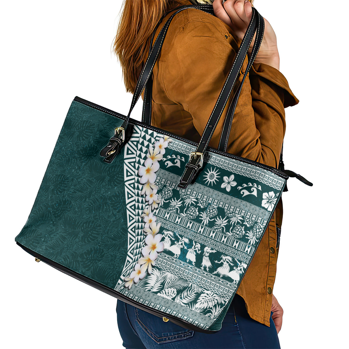 Hawaii Plumeria Tribal Vintage Leather Tote Bag Special Turquoise LT03 - Polynesian Pride