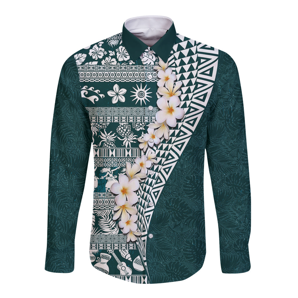 Hawaii Plumeria Tribal Vintage Long Sleeve Button Shirt Special Turquoise LT03 Unisex Turquoise - Polynesian Pride