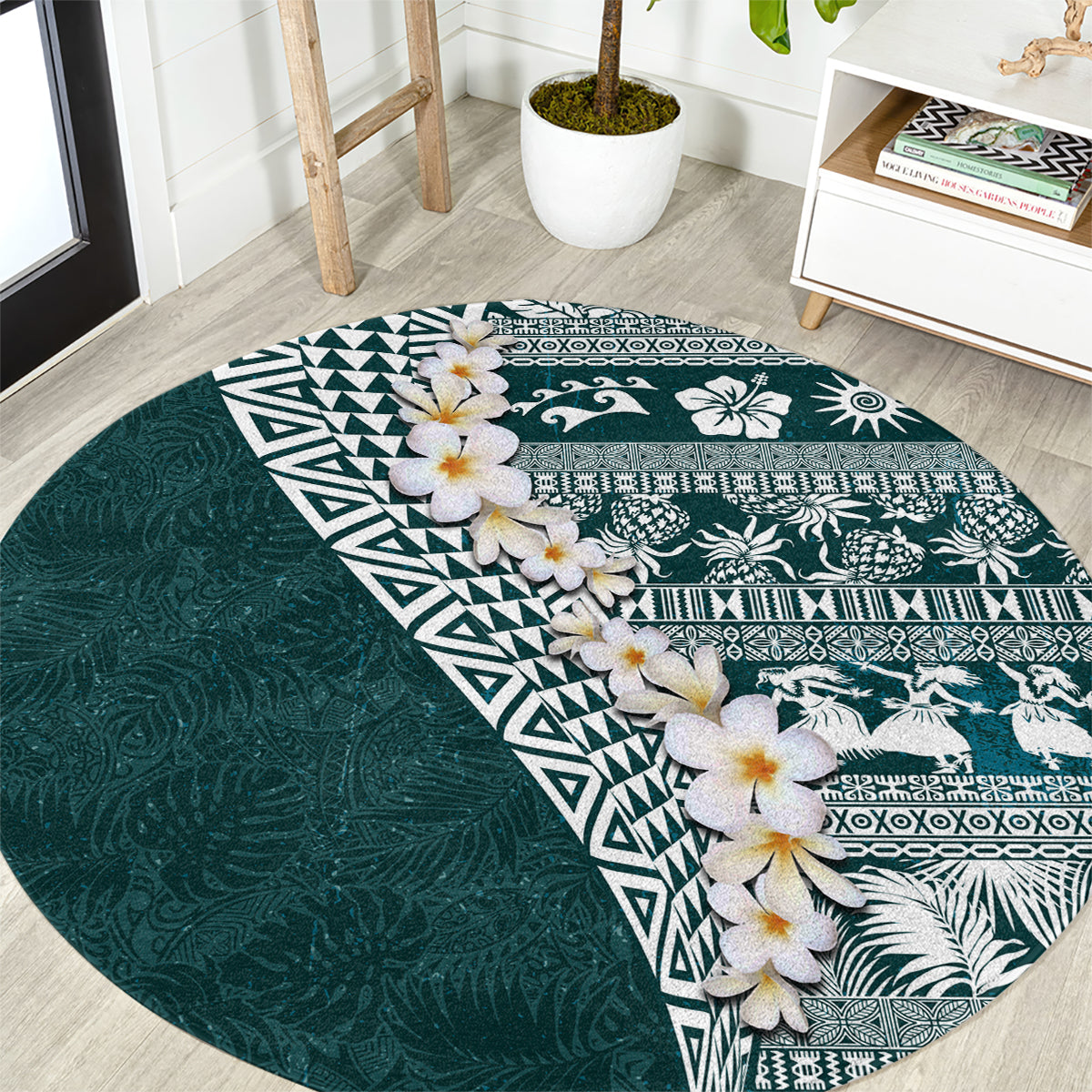 Hawaii Plumeria Tribal Vintage Round Carpet Special Turquoise LT03 Turquoise - Polynesian Pride