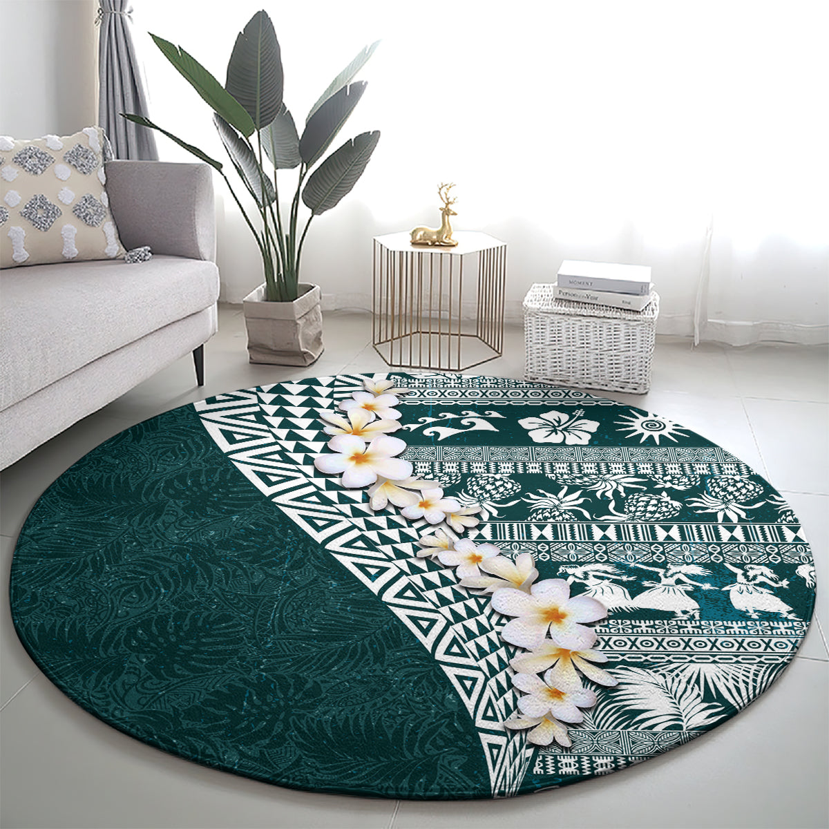 Hawaii Plumeria Tribal Vintage Round Carpet Special Turquoise LT03 - Polynesian Pride